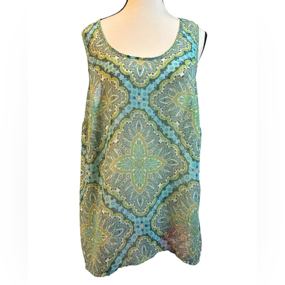 Maurices Blue and Green Sheet Tank Top with Crocheted Details on the back